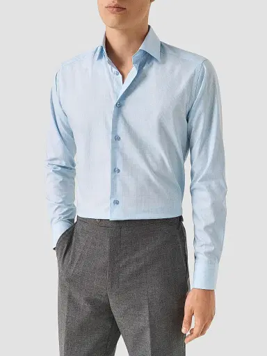 Eton Men's Contemporary-Fit Check Cotton-Blend Shirt - Light Blue | Thumbnail 3 Eton Men's Contemporary-Fit Check Cotton-Blend Shirt - Light Blue | Thumbnail 3