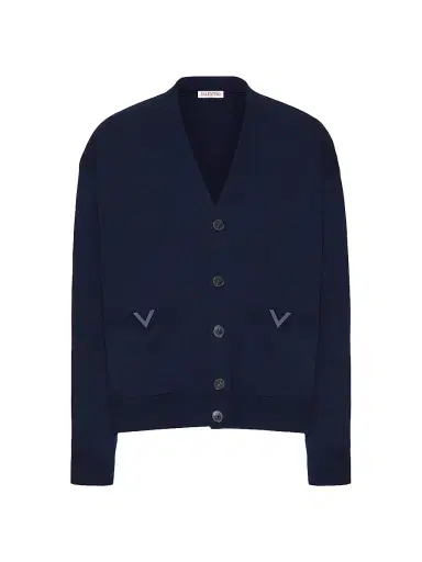 Valentino Garavani Men's Wool Cardigan with Rubberized V Detail - Navy | Thumbnail 1 Valentino Garavani Men's Wool Cardigan with Rubberized V Detail - Navy | Thumbnail 1
