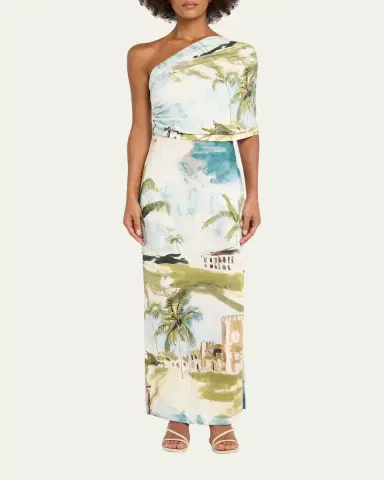Oscar de la Renta One-Shoulder Drape Dominican Landscape Jersey Gown | Thumbnail 2 Oscar de la Renta One-Shoulder Drape Dominican Landscape Jersey Gown | Thumbnail 2