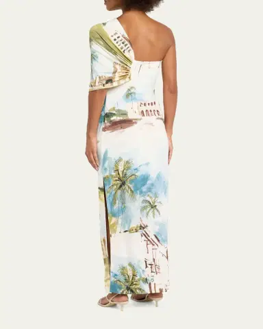 Oscar de la Renta One-Shoulder Drape Dominican Landscape Jersey Gown | Thumbnail 3 Oscar de la Renta One-Shoulder Drape Dominican Landscape Jersey Gown | Thumbnail 3
