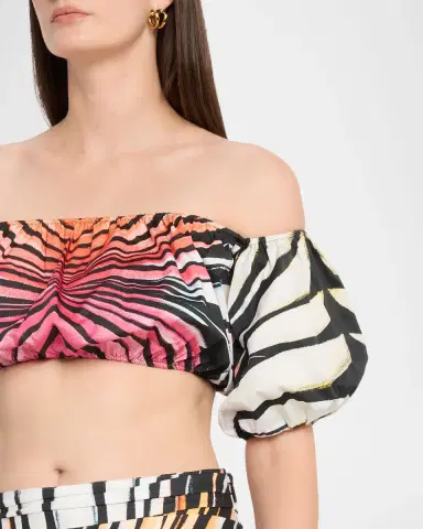Roberto Cavalli Ray Of Paradise Off-The-Shoulder Puff-Sleeve Crop Top | Thumbnail 5 Roberto Cavalli Ray Of Paradise Off-The-Shoulder Puff-Sleeve Crop Top | Thumbnail 5