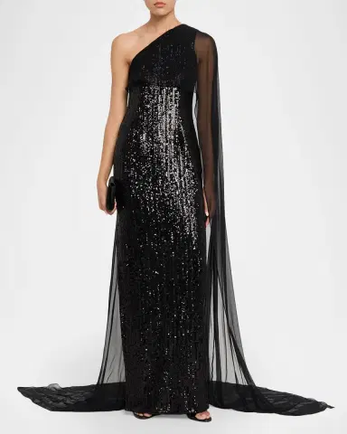 Pamella Roland Mixed Sized Sequin Column Gown with Cape | Thumbnail 2 Pamella Roland Mixed Sized Sequin Column Gown with Cape | Thumbnail 2