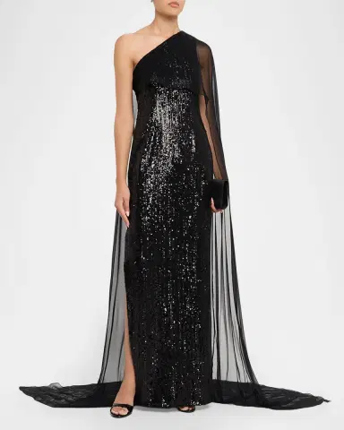 Pamella Roland Mixed Sized Sequin Column Gown with Cape | Thumbnail 4 Pamella Roland Mixed Sized Sequin Column Gown with Cape | Thumbnail 4