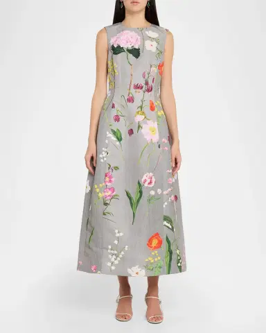 Oscar de la Renta Sleeveless Mixed Botanical Midi Day Dress | Thumbnail 2 Oscar de la Renta Sleeveless Mixed Botanical Midi Day Dress | Thumbnail 2