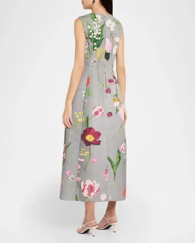 Oscar de la Renta Sleeveless Mixed Botanical Midi Day Dress | Thumbnail 3 Oscar de la Renta Sleeveless Mixed Botanical Midi Day Dress | Thumbnail 3