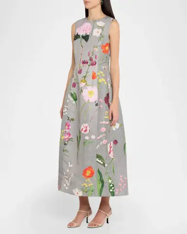 Oscar de la Renta Sleeveless Mixed Botanical Midi Day Dress | Thumbnail 4 Oscar de la Renta Sleeveless Mixed Botanical Midi Day Dress | Thumbnail 4