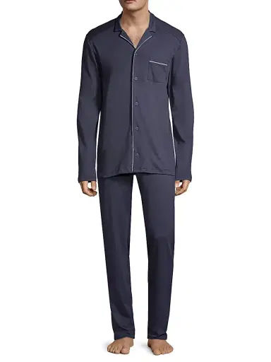 Hanro Men's Basic Piped 2-Piece Long Pajama Set - Deep Navy | Thumbnail 2 Hanro Men's Basic Piped 2-Piece Long Pajama Set - Deep Navy | Thumbnail 2