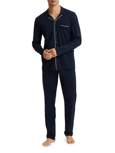 Hanro Men's Basic Piped 2-Piece Long Pajama Set - Deep Navy | Thumbnail 4 Hanro Men's Basic Piped 2-Piece Long Pajama Set - Deep Navy | Thumbnail 4
