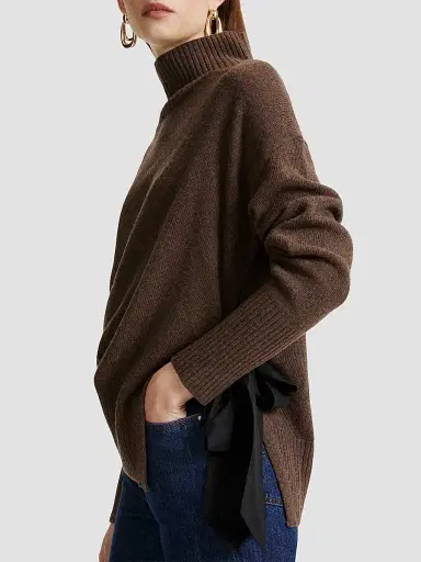 Marella Women's Cashmere Blend Mock Polo Neck Jumper with Silk Sash - Dark Bown | Thumbnail 4 Marella Women's Cashmere Blend Mock Polo Neck Jumper with Silk Sash - Dark Bown | Thumbnail 4