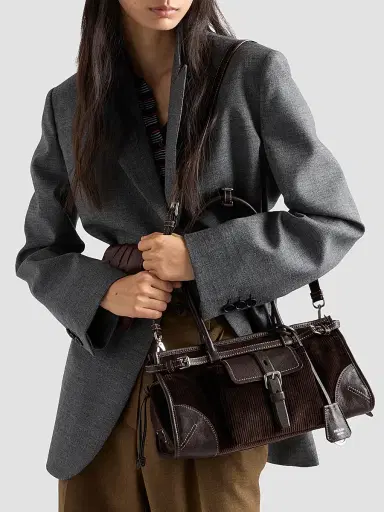 Prada Women's Bonnie Corduroy and Leather Top Handle Bag - Brown | Thumbnail 2 Prada Women's Bonnie Corduroy and Leather Top Handle Bag - Brown | Thumbnail 2