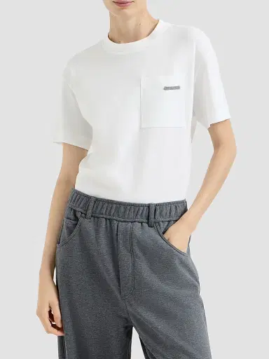 Brunello Cucinelli Women's Cotton Jersey T-Shirt with Shiny Tab - White | Thumbnail 2 Brunello Cucinelli Women's Cotton Jersey T-Shirt with Shiny Tab - White | Thumbnail 2