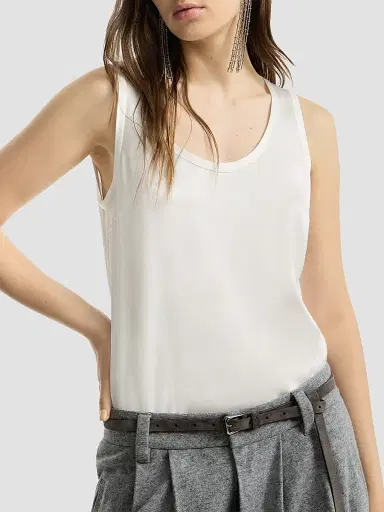 Brunello Cucinelli Women's Stretch Silk Satin Top - White | Thumbnail 4 Brunello Cucinelli Women's Stretch Silk Satin Top - White | Thumbnail 4