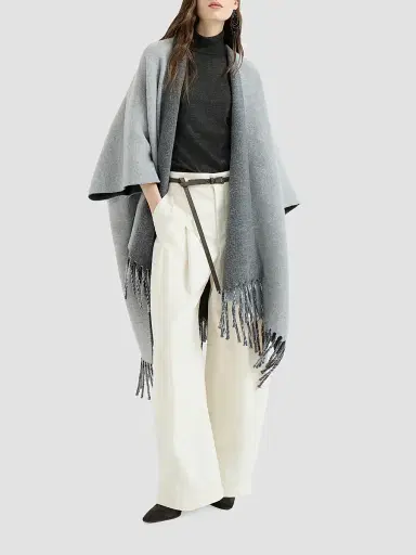 Brunello Cucinelli Women's Wool and Cashmere Double Knit Reversible Poncho - Light Grey | Thumbnail 6 Brunello Cucinelli Women's Wool and Cashmere Double Knit Reversible Poncho - Light Grey | Thumbnail 6