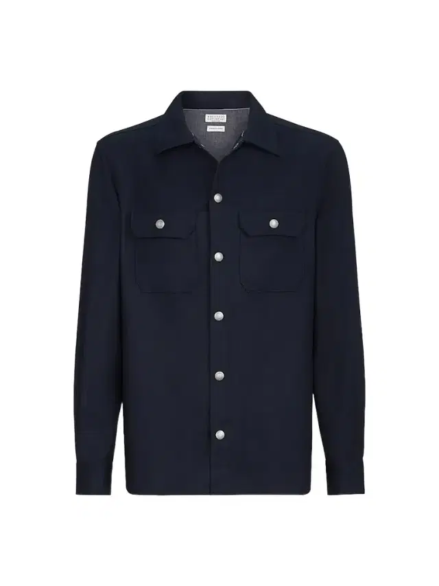 Men's Virgin Wool Flannel Overshirt with Spread Collar - Navy Blue Men's Virgin Wool Flannel Overshirt with Spread Collar - Navy Blue