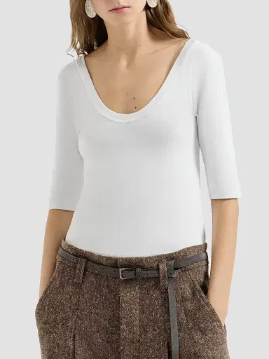 Brunello Cucinelli Women's Stretch Cotton Ribbed Jersey T-Shirt with Monili - White | Thumbnail 2 Brunello Cucinelli Women's Stretch Cotton Ribbed Jersey T-Shirt with Monili - White | Thumbnail 2