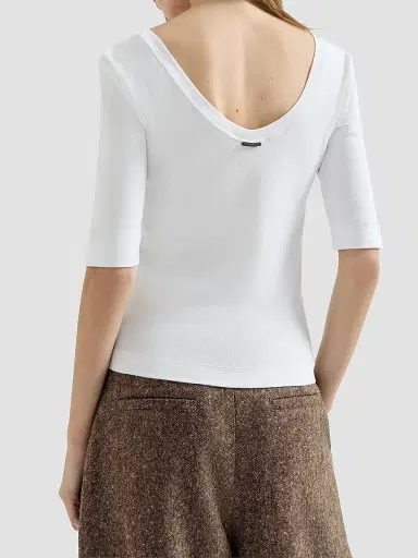 Brunello Cucinelli Women's Stretch Cotton Ribbed Jersey T-Shirt with Monili - White | Thumbnail 3 Brunello Cucinelli Women's Stretch Cotton Ribbed Jersey T-Shirt with Monili - White | Thumbnail 3