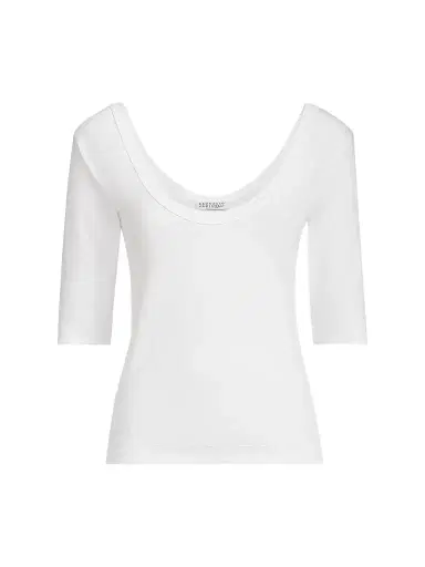 Brunello Cucinelli Women's Stretch Cotton Ribbed Jersey T-Shirt with Monili - White | Thumbnail 1 Brunello Cucinelli Women's Stretch Cotton Ribbed Jersey T-Shirt with Monili - White | Thumbnail 1