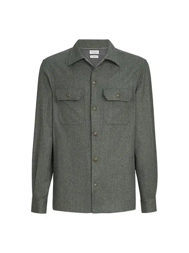 Men's Virgin Wool Flannel Overshirt with Spread Collar - Forest Green Men's Virgin Wool Flannel Overshirt with Spread Collar - Forest Green