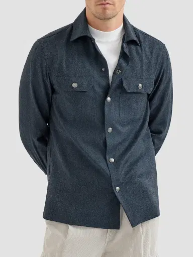 Brunello Cucinelli Men's Virgin Wool Flannel Overshirt with Spread Collar - Denim | Thumbnail 2 Brunello Cucinelli Men's Virgin Wool Flannel Overshirt with Spread Collar - Denim | Thumbnail 2