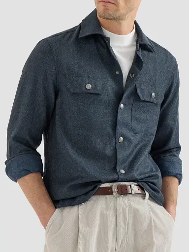 Brunello Cucinelli Men's Virgin Wool Flannel Overshirt with Spread Collar - Denim | Thumbnail 4 Brunello Cucinelli Men's Virgin Wool Flannel Overshirt with Spread Collar - Denim | Thumbnail 4