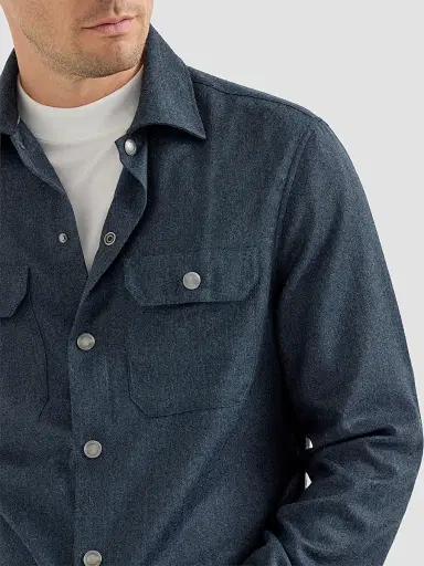 Brunello Cucinelli Men's Virgin Wool Flannel Overshirt with Spread Collar - Denim | Thumbnail 5 Brunello Cucinelli Men's Virgin Wool Flannel Overshirt with Spread Collar - Denim | Thumbnail 5