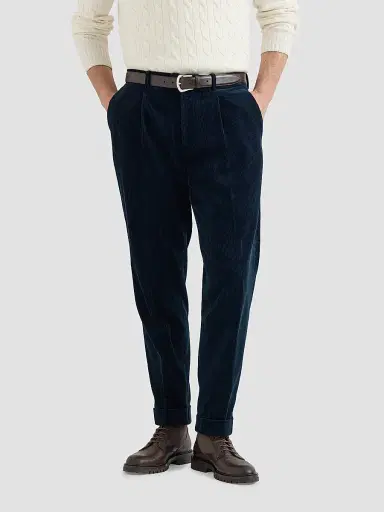 Brunello Cucinelli Men's Garment-Dyed Trousers in Cotton Corduroy with Pleat - Navy Blue | Thumbnail 2 Brunello Cucinelli Men's Garment-Dyed Trousers in Cotton Corduroy with Pleat - Navy Blue | Thumbnail 2