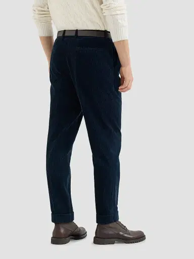 Brunello Cucinelli Men's Garment-Dyed Trousers in Cotton Corduroy with Pleat - Navy Blue | Thumbnail 4 Brunello Cucinelli Men's Garment-Dyed Trousers in Cotton Corduroy with Pleat - Navy Blue | Thumbnail 4