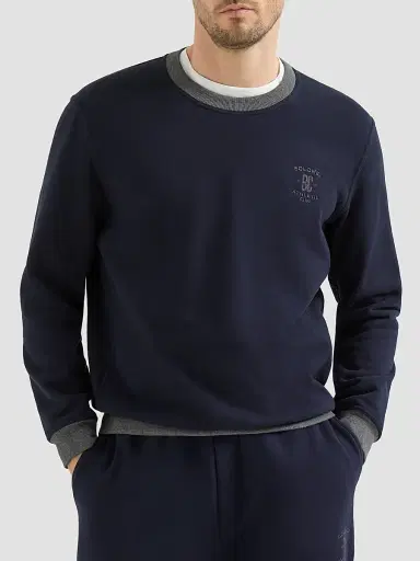 Brunello Cucinelli Men's Cotton French Terry Sweatshirt With Embroidery - Cobalt | Thumbnail 2 Brunello Cucinelli Men's Cotton French Terry Sweatshirt With Embroidery - Cobalt | Thumbnail 2