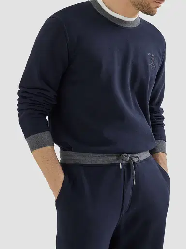 Brunello Cucinelli Men's Cotton French Terry Sweatshirt With Embroidery - Cobalt | Thumbnail 5 Brunello Cucinelli Men's Cotton French Terry Sweatshirt With Embroidery - Cobalt | Thumbnail 5