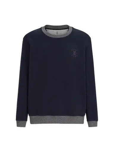 Brunello Cucinelli Men's Cotton French Terry Sweatshirt With Embroidery - Cobalt | Thumbnail 1 Brunello Cucinelli Men's Cotton French Terry Sweatshirt With Embroidery - Cobalt | Thumbnail 1
