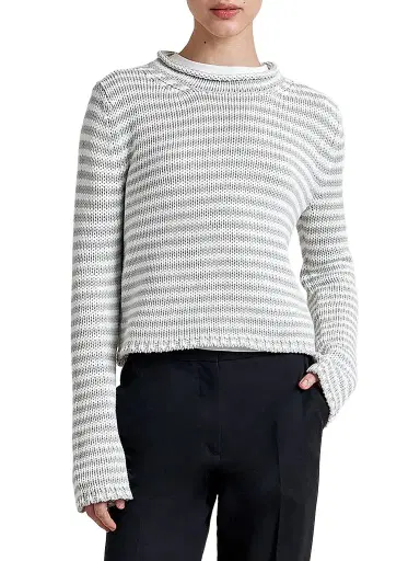 La Ligne Women's Fine Stripe Mini Marina Sweater - Grey | Thumbnail 1 La Ligne Women's Fine Stripe Mini Marina Sweater - Grey | Thumbnail 1