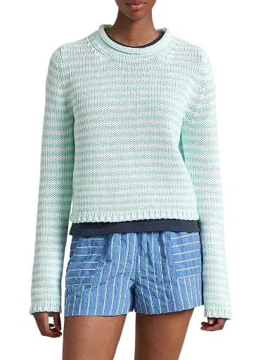 La Ligne Women's Fine Stripe Mini Marina Sweater - Aqua | Thumbnail 1 La Ligne Women's Fine Stripe Mini Marina Sweater - Aqua | Thumbnail 1
