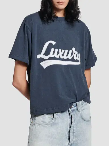 Balenciaga Women's Luxury Script Medium Fit T-Shirt - Washed Navy | Thumbnail 2 Balenciaga Women's Luxury Script Medium Fit T-Shirt - Washed Navy | Thumbnail 2
