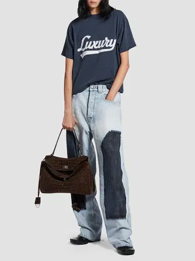 Balenciaga Women's Luxury Script Medium Fit T-Shirt - Washed Navy | Thumbnail 5 Balenciaga Women's Luxury Script Medium Fit T-Shirt - Washed Navy | Thumbnail 5