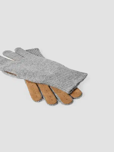 Brunello Cucinelli Men's Cashmere Knit Gloves with Suede Palm - Light Grey | Thumbnail 2 Brunello Cucinelli Men's Cashmere Knit Gloves with Suede Palm - Light Grey | Thumbnail 2