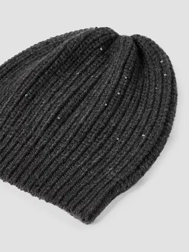 Brunello Cucinelli Women's Cashmere and Silk Diamond Yarn Knit Beanie - Lignite Grey | Thumbnail 2 Brunello Cucinelli Women's Cashmere and Silk Diamond Yarn Knit Beanie - Lignite Grey | Thumbnail 2