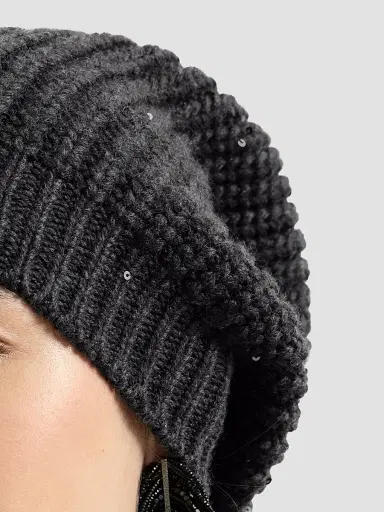 Brunello Cucinelli Women's Cashmere and Silk Diamond Yarn Knit Beanie - Lignite Grey | Thumbnail 3 Brunello Cucinelli Women's Cashmere and Silk Diamond Yarn Knit Beanie - Lignite Grey | Thumbnail 3