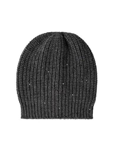 Brunello Cucinelli Women's Cashmere and Silk Diamond Yarn Knit Beanie - Lignite Grey | Thumbnail 1 Brunello Cucinelli Women's Cashmere and Silk Diamond Yarn Knit Beanie - Lignite Grey | Thumbnail 1