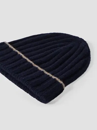 Brunello Cucinelli Men's Cashmere Rib Knit Beanie - Navy Blue | Thumbnail 2 Brunello Cucinelli Men's Cashmere Rib Knit Beanie - Navy Blue | Thumbnail 2