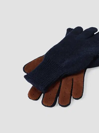Brunello Cucinelli Men's Cashmere Knit Gloves with Suede Palm - Navy Blue | Thumbnail 2 Brunello Cucinelli Men's Cashmere Knit Gloves with Suede Palm - Navy Blue | Thumbnail 2