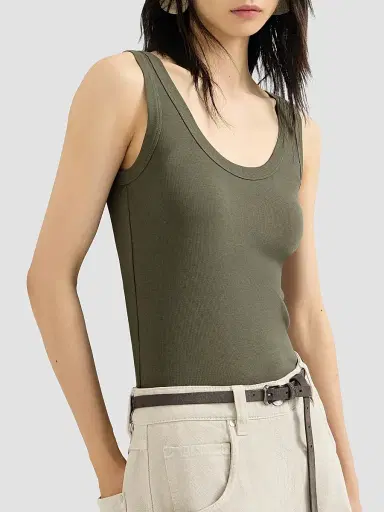 Brunello Cucinelli Women's Stretch Cotton Ribbed Jersey Top with Monili - Origano | Thumbnail 5 Brunello Cucinelli Women's Stretch Cotton Ribbed Jersey Top with Monili - Origano | Thumbnail 5