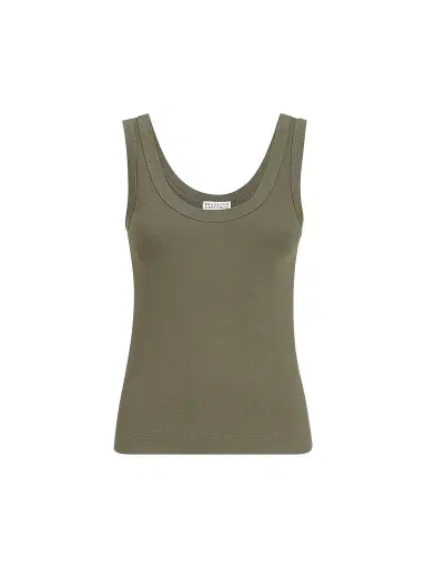 Brunello Cucinelli Women's Stretch Cotton Ribbed Jersey Top with Monili - Origano | Thumbnail 1 Brunello Cucinelli Women's Stretch Cotton Ribbed Jersey Top with Monili - Origano | Thumbnail 1