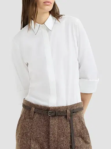 Brunello Cucinelli Women's Stretch Cotton Poplin Shirt with Shiny Collar - White | Thumbnail 2 Brunello Cucinelli Women's Stretch Cotton Poplin Shirt with Shiny Collar - White | Thumbnail 2
