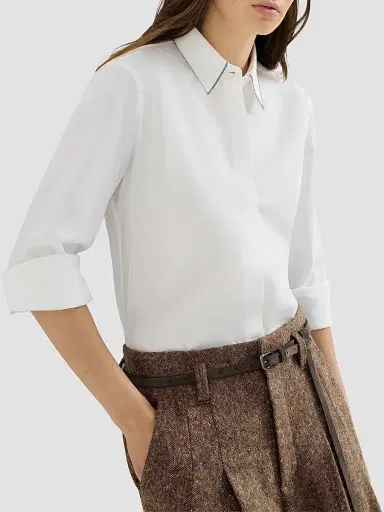 Brunello Cucinelli Women's Stretch Cotton Poplin Shirt with Shiny Collar - White | Thumbnail 4 Brunello Cucinelli Women's Stretch Cotton Poplin Shirt with Shiny Collar - White | Thumbnail 4