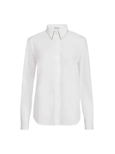Brunello Cucinelli Women's Stretch Cotton Poplin Shirt with Shiny Collar - White | Thumbnail 1 Brunello Cucinelli Women's Stretch Cotton Poplin Shirt with Shiny Collar - White | Thumbnail 1