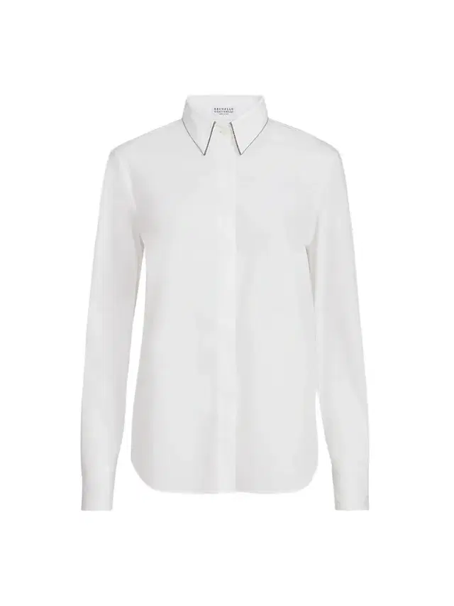 Women's Stretch Cotton Poplin Shirt with Shiny Collar - White Women's Stretch Cotton Poplin Shirt with Shiny Collar - White