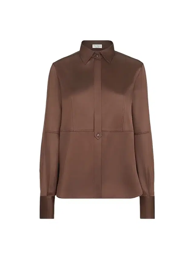 Women's Stretch Silk Satin Shirt with Monili - Brown Women's Stretch Silk Satin Shirt with Monili - Brown