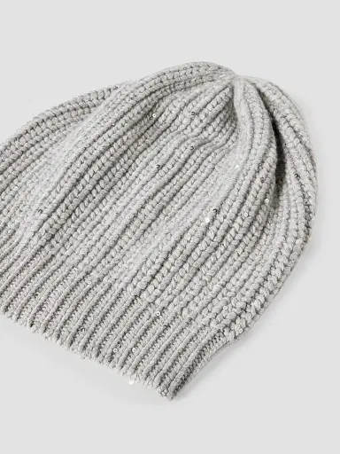 Brunello Cucinelli Women's Cashmere and Silk Diamond Yarn Knit Beanie - Pebble | Thumbnail 2 Brunello Cucinelli Women's Cashmere and Silk Diamond Yarn Knit Beanie - Pebble | Thumbnail 2