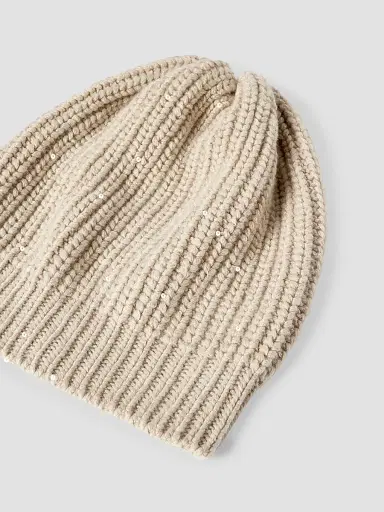 Brunello Cucinelli Women's Cashmere and Silk Diamond Yarn Knit Beanie - Beige | Thumbnail 2 Brunello Cucinelli Women's Cashmere and Silk Diamond Yarn Knit Beanie - Beige | Thumbnail 2