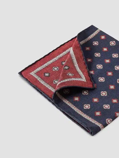 Brunello Cucinelli Men's Silk Pocket Square with Medallion Design - Navy Blue | Thumbnail 3 Brunello Cucinelli Men's Silk Pocket Square with Medallion Design - Navy Blue | Thumbnail 3